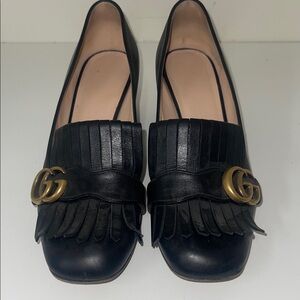 Gucci Marmot Black Leather Fringe Loafers with Gold Logo